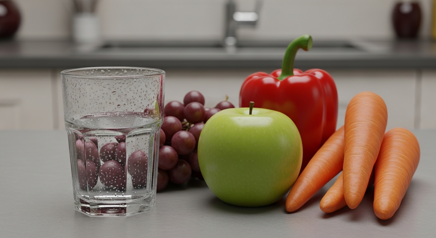 Bàn bếp sạch với ly nước, táo xanh, nho tím, ớt chuông và cà rốt tươi ngon. Thực phẩm lành mạnh là bí quyết sống lâu trăm tuổi.