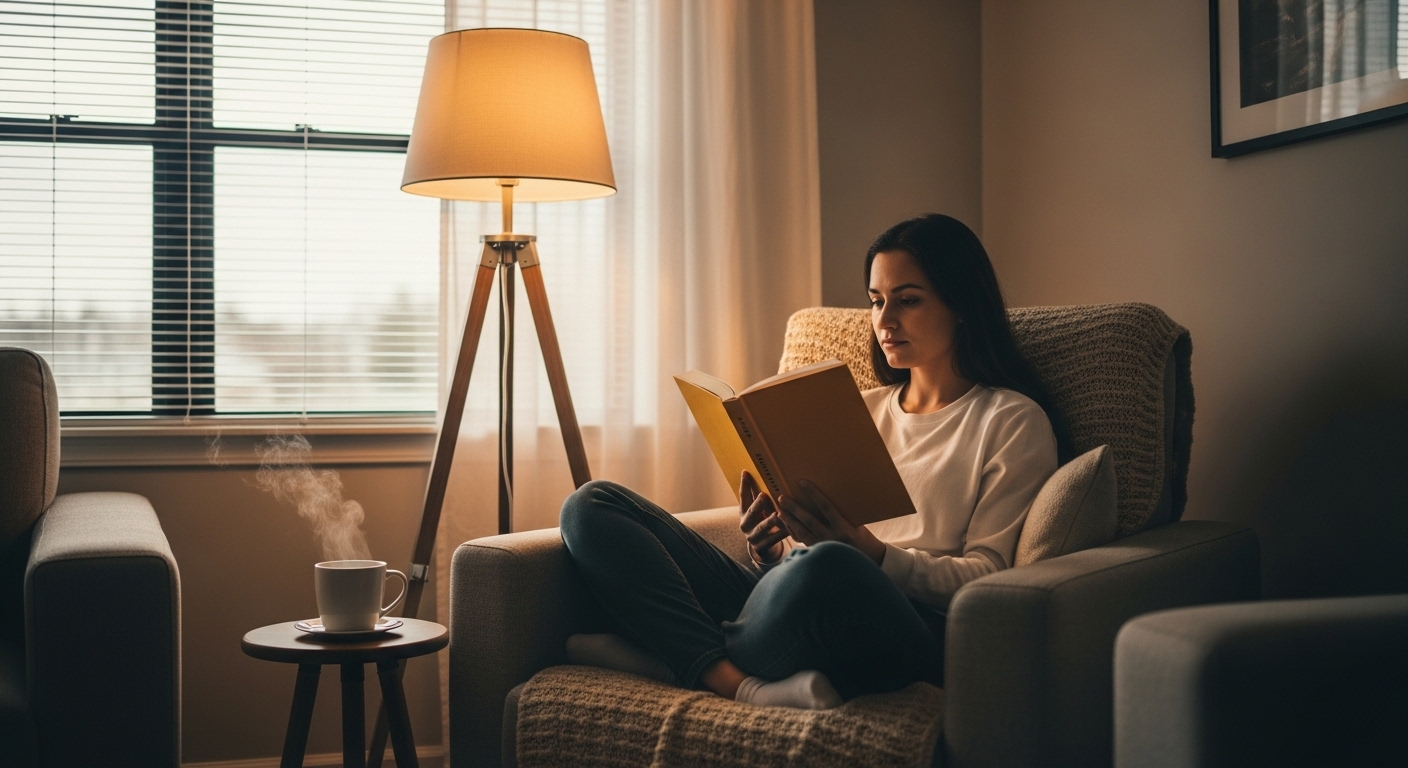 Người thư giãn đọc sách trong không gian ấm cúng, biểu tượng của sự tự chăm sóc bản thân và sức khỏe toàn diện, bao gồm cả vệ sinh kinh nguyệt.