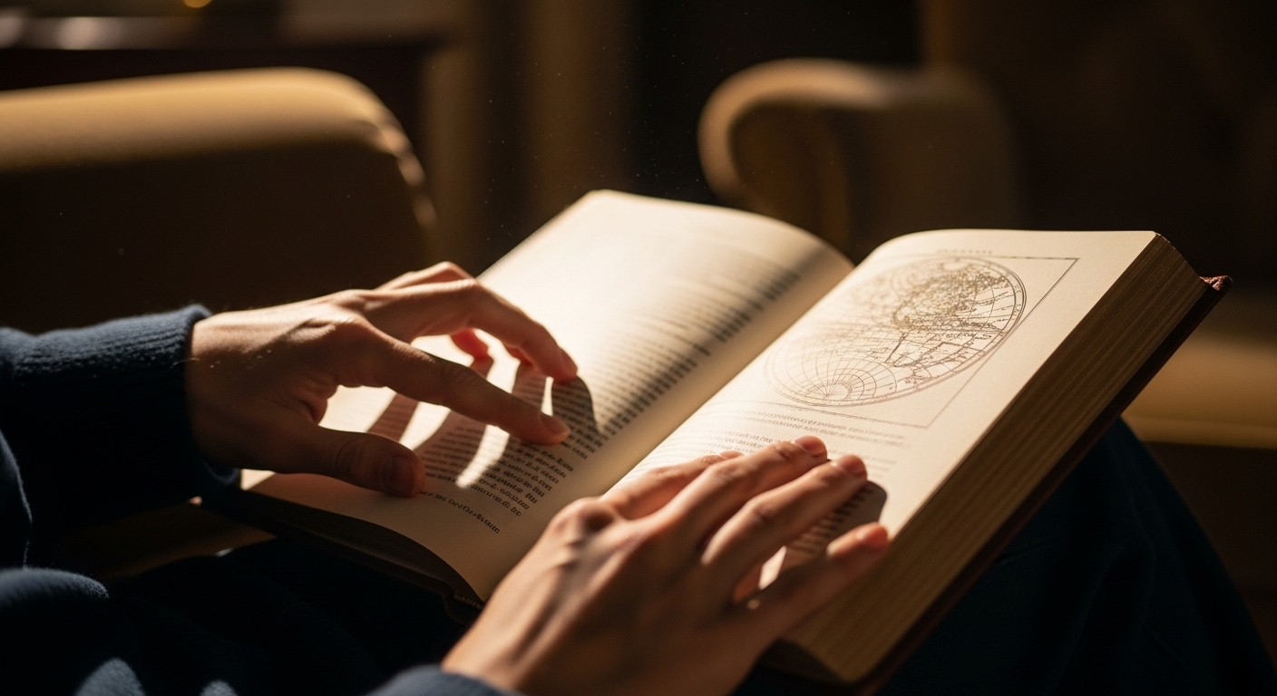 Đôi tay cầm sách mở trên ghế bành êm ái, dưới ánh sáng dịu nhẹ, thể hiện thói quen của người khỏe mạnh.