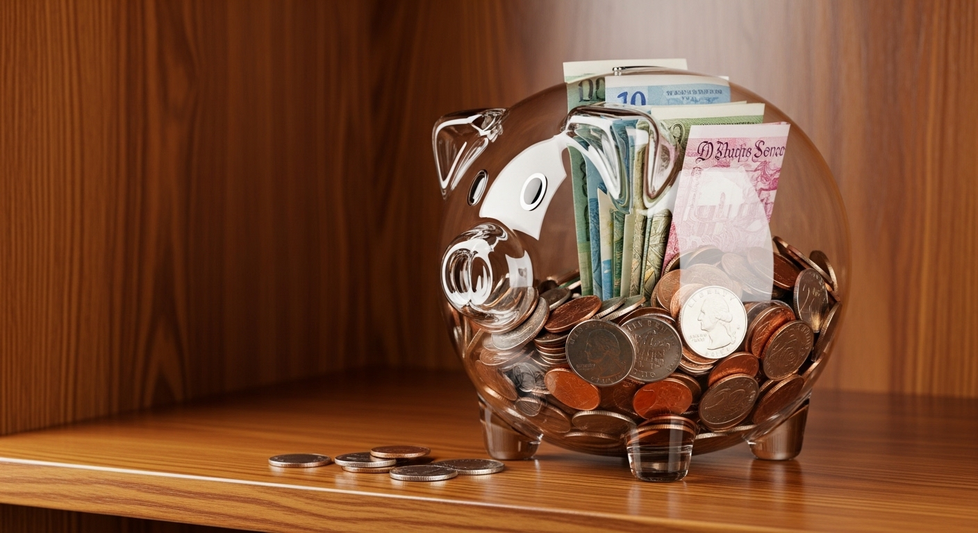Hũ tiết kiệm thủy tinh chứa đầy tiền trên kệ gỗ, biểu tượng cho cách tiết kiệm tiền và sự ổn định tài chính.
