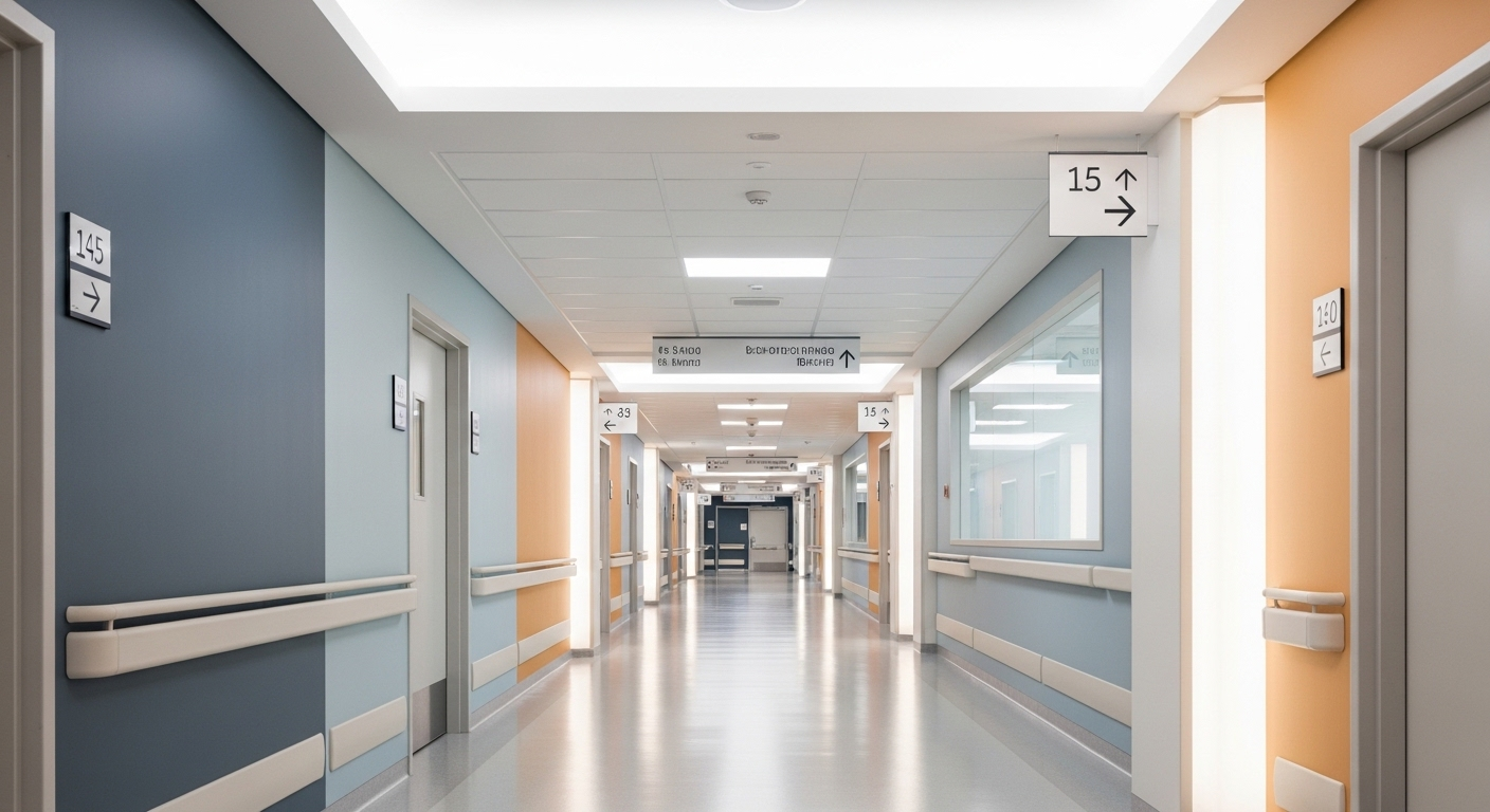 Hành lang bệnh viện hiện đại, sạch sẽ và yên tĩnh, sẵn sàng tiếp nhận các ca cấp cứu như trẻ nuốt nam châm.
