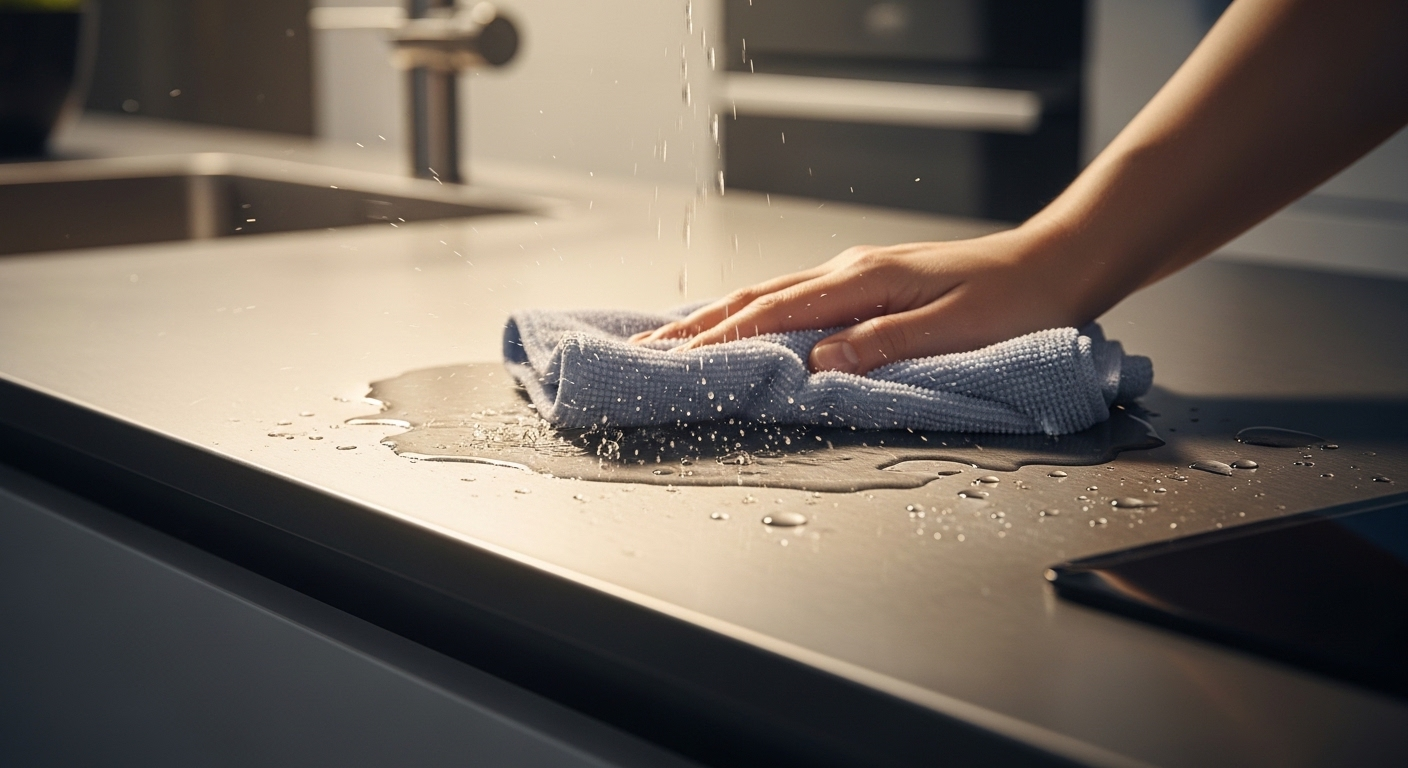 Khăn microfiber lau khô mặt bàn inox sáng bóng, không rỉ sét trong bếp hiện đại. Giúp duy trì bề mặt luôn sạch đẹp sau khi vệ sinh hoặc tẩy rỉ sét trên inox.