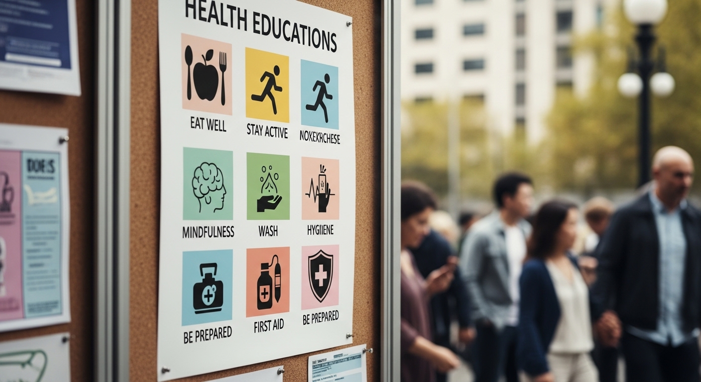 Áp phích infographic rõ ràng trên bảng tin công cộng, hiển thị thông tin giáo dục sức khỏe và an toàn, đặc biệt nhấn mạnh tác hại thuốc xương khớp gia truyền, với đám đông mờ ảo đi lại phía sau, thúc đẩy nhận thức cộng đồng.