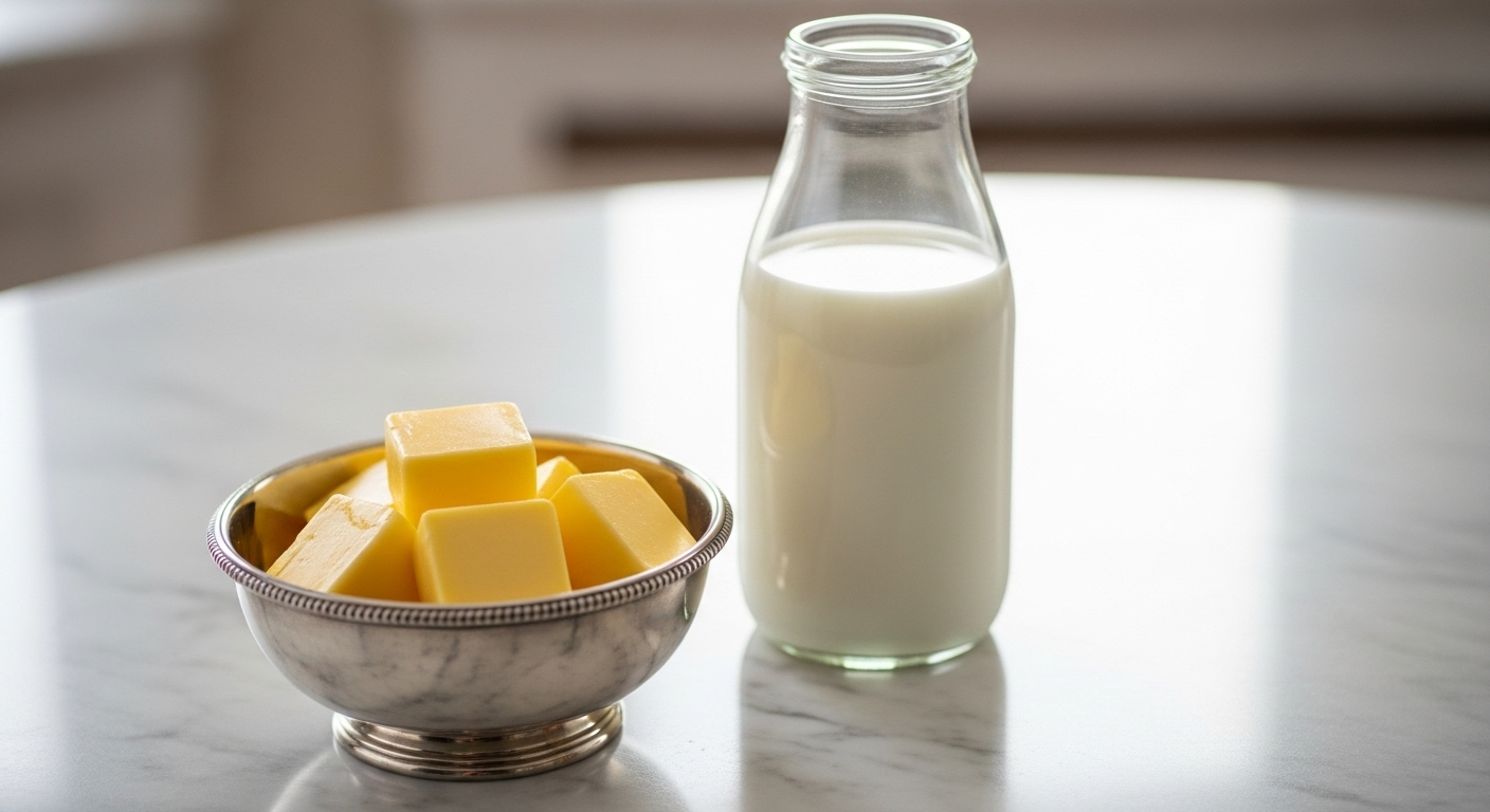 Bát đựng bơ vàng óng và chai sữa tươi nguyên kem trên bàn đá cẩm thạch trắng, minh họa các thực phẩm giàu vitamin A quan trọng.