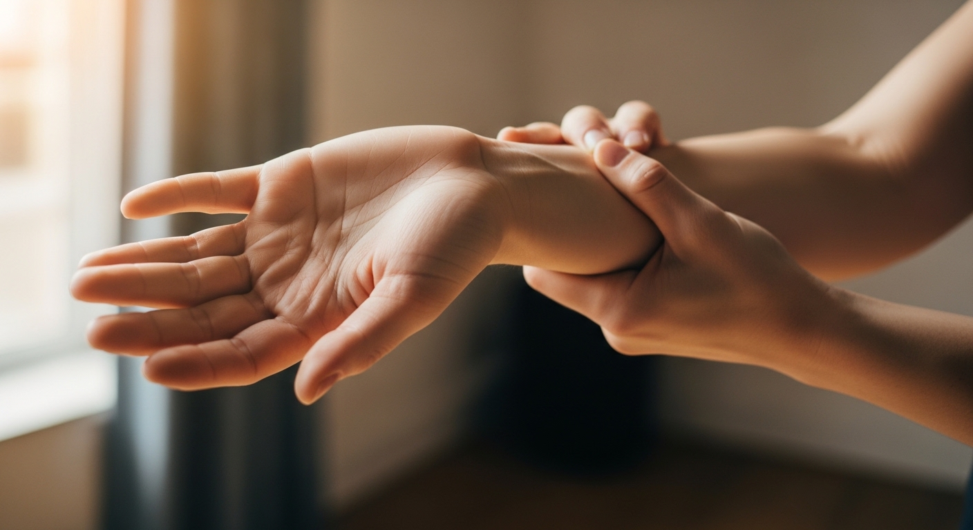 Người tập kéo giãn cổ tay bằng cách dùng tay kia nhẹ nhàng kéo các ngón tay xuống, giúp giảm căng thẳng và phòng ngừa hội chứng ống cổ tay hiệu quả.