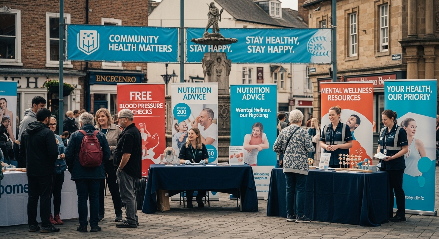 Sự kiện y tế cộng đồng sôi động tại quảng trường thị trấn, người dân mọi lứa tuổi đang tham gia các gian hàng để được chuyên gia y tế tư vấn và khám sức khỏe định kỳ miễn phí. Các biểu ngữ lớn về sức khỏe cộng đồng hiện rõ phía sau. Sự kiện y tế cộng đồng sôi động tại quảng trường thị trấn, người dân mọi lứa tuổi đang tham gia các gian hàng để được chuyên gia y tế tư vấn và khám sức khỏe định kỳ miễn phí. Các biểu ngữ lớn về sức khỏe cộng đồng hiện rõ phía sau.
