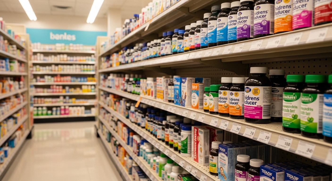 Kệ thuốc hạ sốt trẻ em và sản phẩm y tế dành cho bé tại nhà thuốc, giữa tin tức Mỹ thu hồi thuốc hạ sốt trẻ em.