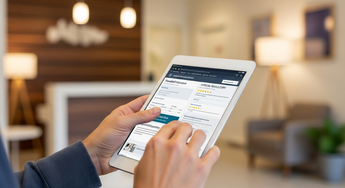 Tay lướt máy tính bảng tìm kiếm thông tin dịch vụ y tế, đối chiếu đánh giá và quy định để tránh các cơ sở khám chữa bệnh chui.