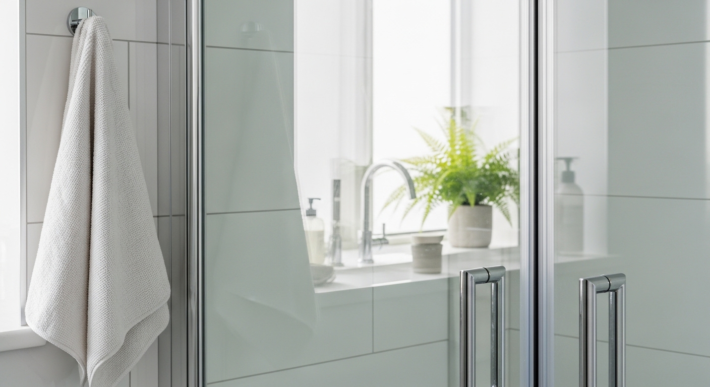 Cửa kính phòng tắm sáng bóng, trong suốt không tì vết, phản chiếu nội thất phòng tắm gọn gàng, kết quả của việc vệ sinh bồn tắm và vòi hoa sen kỹ lưỡng.