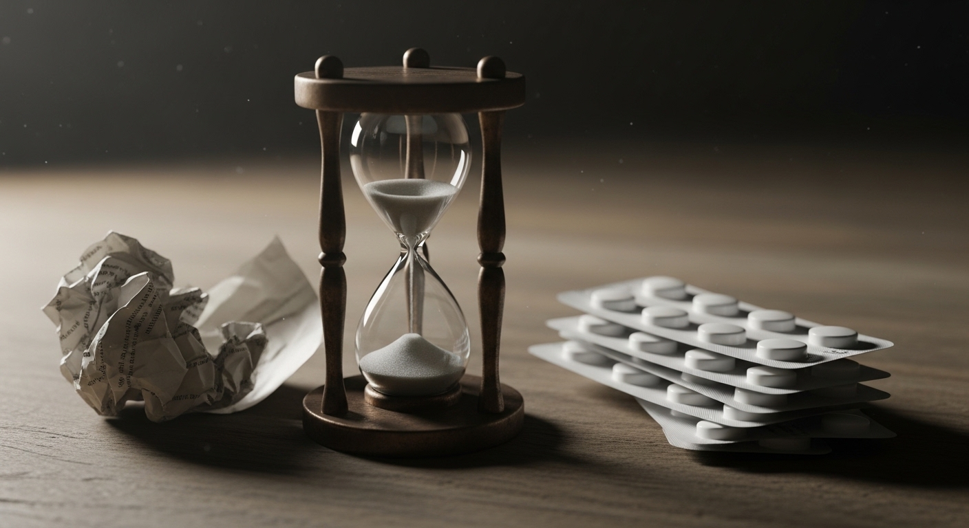 Đồng hồ cát cũ kỹ, cát cạn dần bên cạnh các gói thuốc gia truyền giả không nhãn mác.