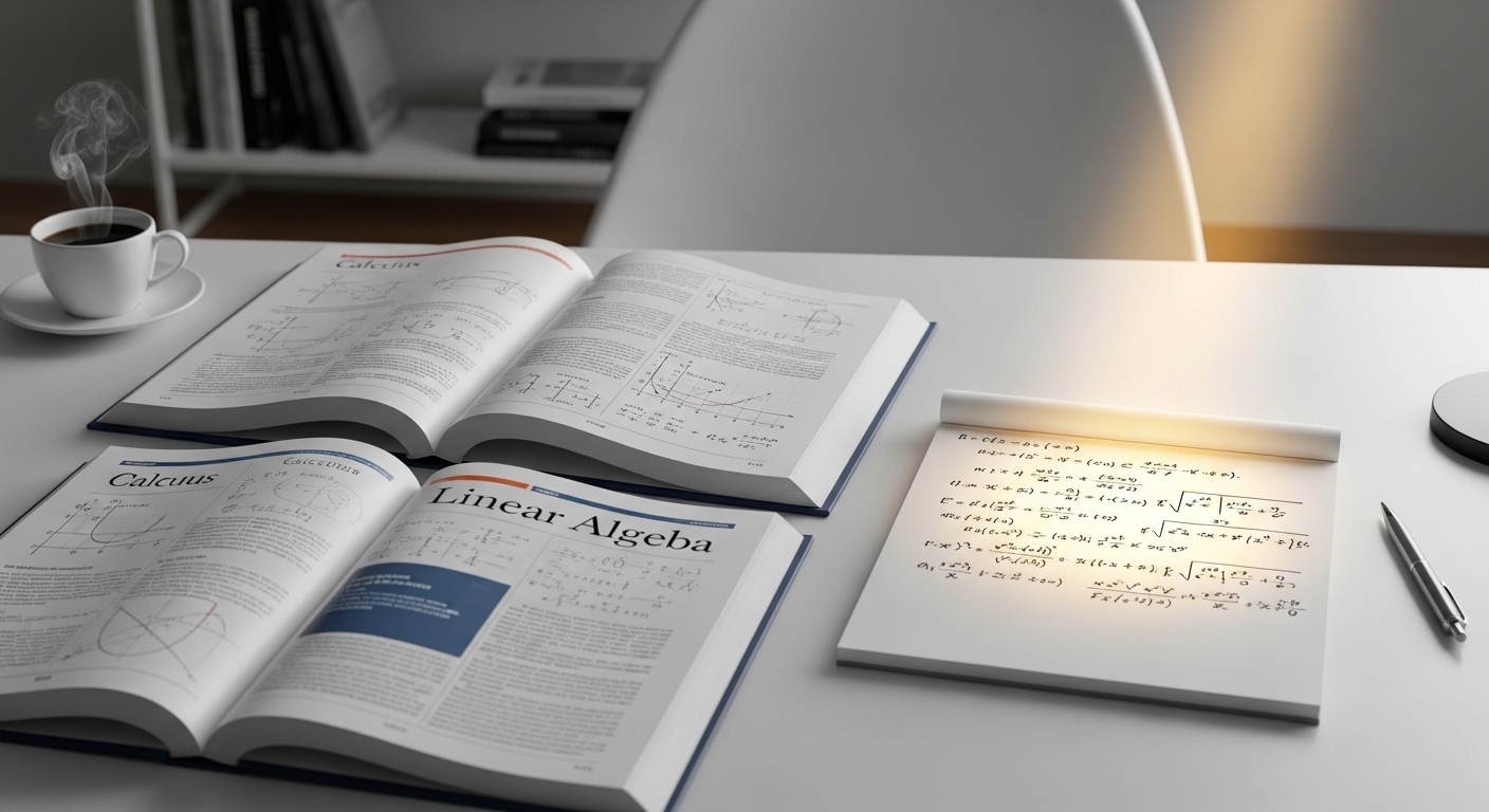 Bàn học hiện đại, sách giáo khoa mở và công thức toán học phức tạp dưới ánh sáng tập trung, thể hiện sự tập trung cao độ khi đối mặt với một thử thách ngất xỉu về trí tuệ.