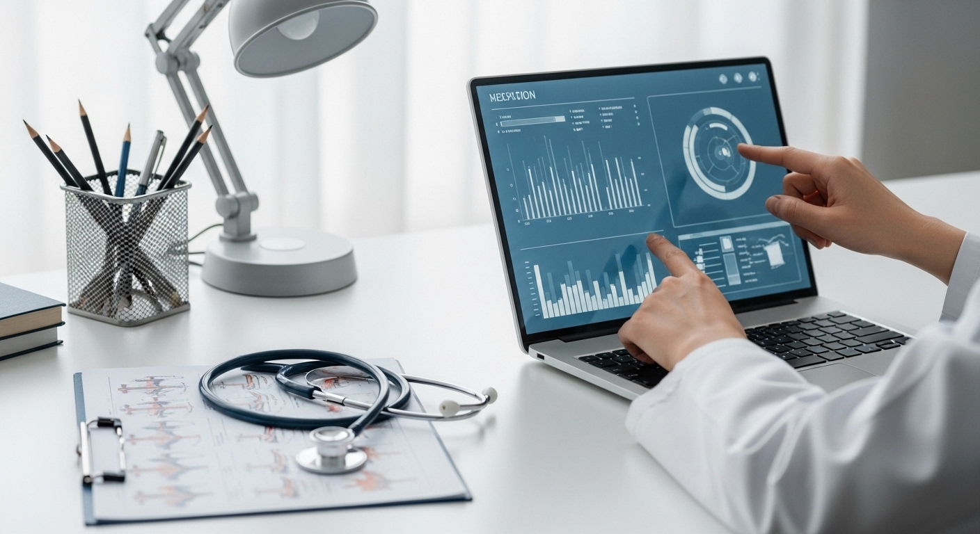 Chuyên gia y tế đang phân tích dữ liệu trên màn hình tại bàn làm việc với ống nghe và biểu đồ, nhằm đưa ra lời khuyên về sức khỏe, bao gồm cả những rủi ro khi ăn nhiều protein hại thận.