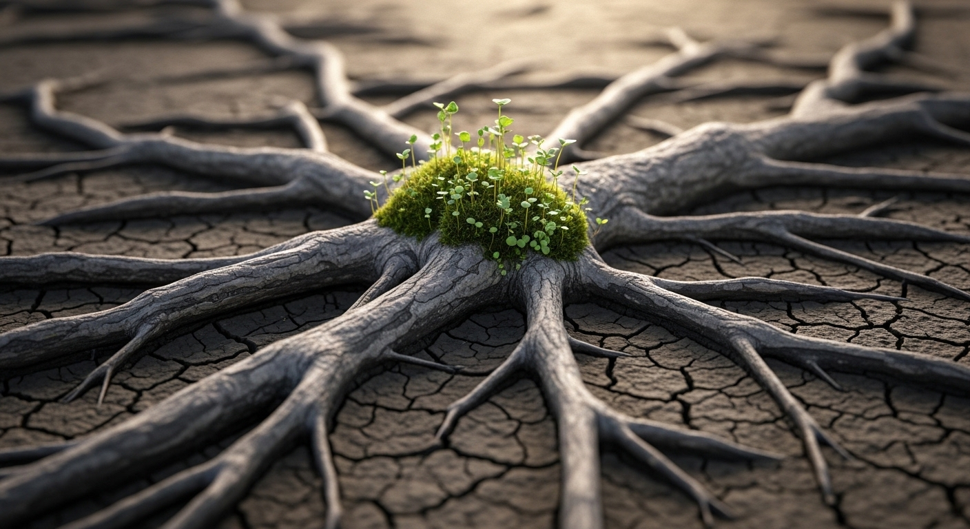 Rễ cây già cỗi bám sâu vào đất khô cằn, nhưng rêu xanh và mầm non vẫn đâm chồi nảy lộc dưới ánh sáng hy vọng. Hình ảnh biểu trưng cho sức sống mãnh liệt vượt qua mọi thách thức, kể cả Hội chứng lão hóa sớm.