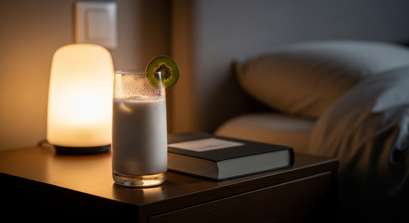 Ly sữa dinh dưỡng chuyên biệt đặt trên bàn đầu giường ấm cúng với sách và đèn, gợi ý một lựa chọn tối ưu khi bạn tìm kiếm sữa bột dành cho người tiểu đường loại nào tốt để bổ sung trước khi ngủ.