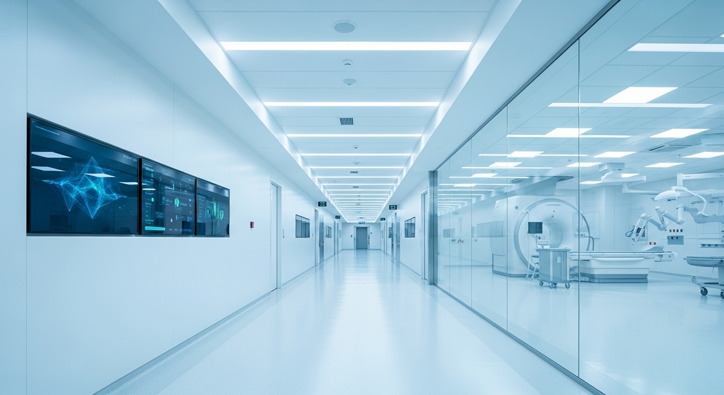 Hành lang cơ sở y tế hiện đại, vô trùng với thiết bị tiên tiến, sẵn sàng cho các liệu pháp như cắt u tuyến tiền liệt bằng laser.
