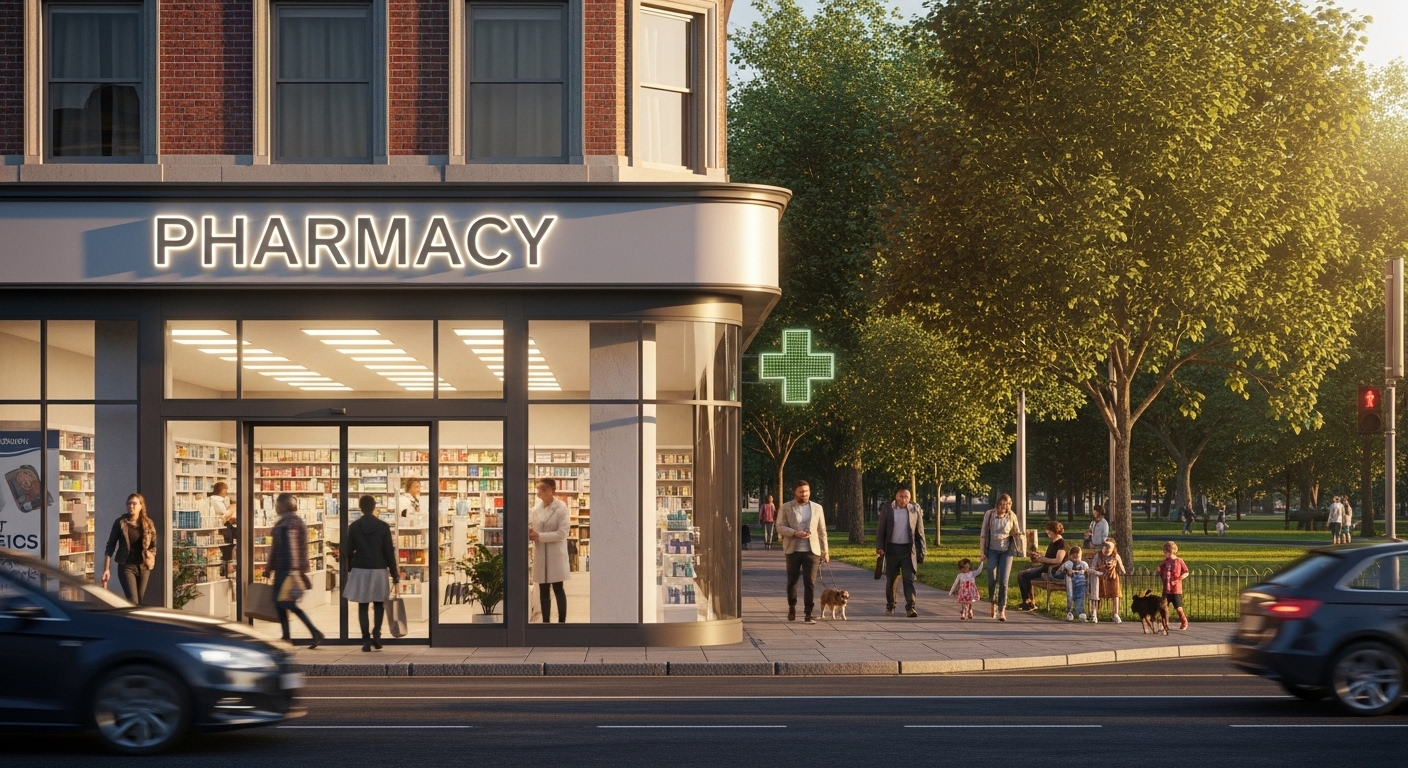 Mặt tiền nhà thuốc hiện đại, sạch đẹp tại khu dân cư sầm uất. Nơi khách hàng tin tưởng vì dịch vụ và giá cả ổn định như Long Châu không tăng giá thuốc, hòa nhập đời sống.