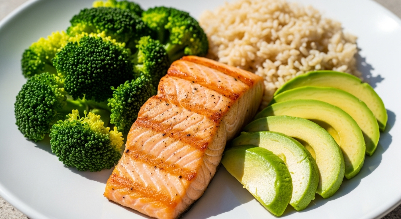 Đĩa ăn cân bằng gồm cá hồi nướng, bông cải xanh, gạo lứt và bơ, là lựa chọn lành mạnh thay thế các thực phẩm người tiểu đường nên kiêng.