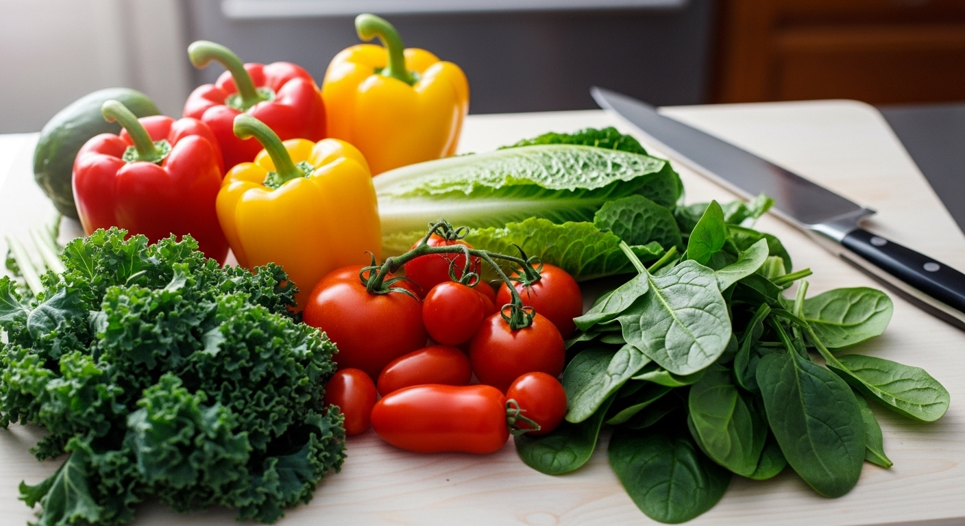 Rau củ tươi sống (ớt chuông, rau xanh, cà chua) trên thớt gỗ cùng dao. Nguyên liệu lành mạnh cho bữa ăn cân bằng, giúp giảm tác động của việc ăn nhiều muối.