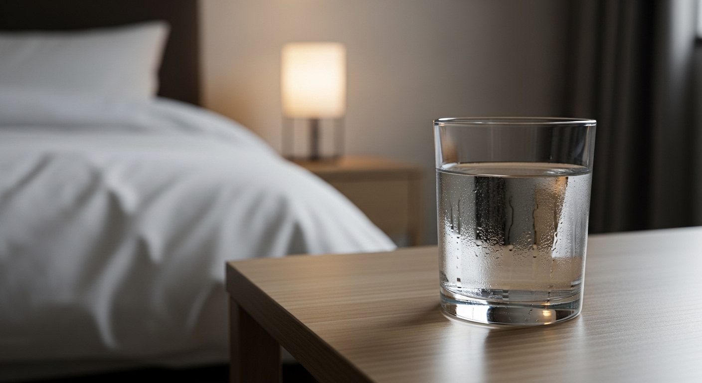 Ly nước trong veo với hơi nước đọng nhẹ trên bàn đầu giường đơn giản trong phòng ngủ yên tĩnh, minh họa một cách ngủ ngon sau khi uống cà phê.