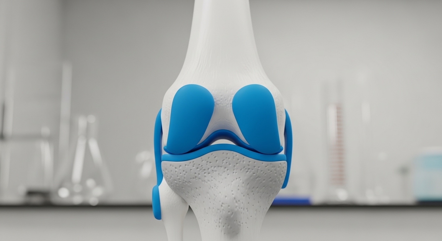 Mô hình khớp gối 3D sắc nét trên nền khoa học, thể hiện xương đùi, xương chày và sụn chêm màu xanh, hỗ trợ nghiên cứu các chấn thương như rách sụn chêm.