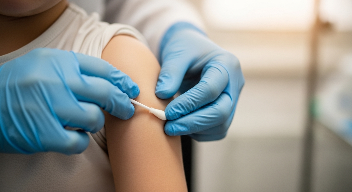 Cận cảnh tay bác sĩ đeo găng cẩn thận chuẩn bị tiêm vaccine cho trẻ trong môi trường y tế sạch sẽ, đảm bảo quy trình an toàn. Nhiều phụ huynh quan tâm đến sự phát triển của con khi tiêm phòng, trong đó có thắc mắc tiêm vaccine HPV có khiến trẻ bị lùn không.