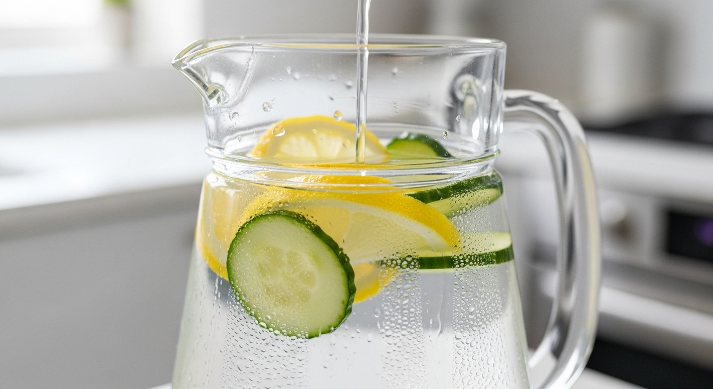 Bình nước thủy tinh với lát chanh và dưa leo tươi mát, có hạt nước ngưng tụ lấp lánh, là thức uống giải khát lý tưởng hỗ trợ chế độ ăn OMAD.