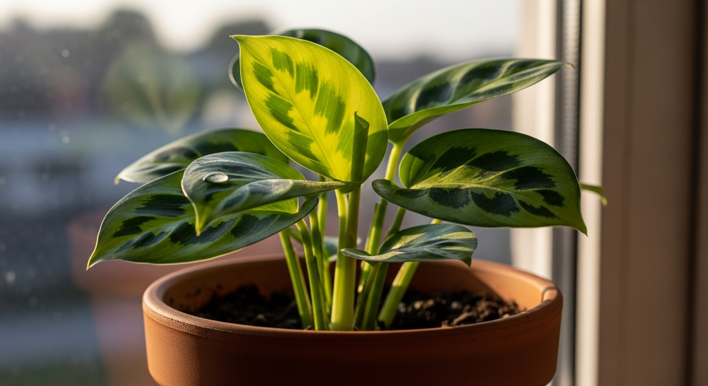 Cận cảnh cây xanh tươi tốt, được chăm sóc tỉ mỉ trong chậu đất nung trên bệ cửa sổ đầy nắng, thể hiện sức sống mãnh liệt và quá trình nuôi dưỡng sức khỏe, hỗ trợ cho hành trình đối phó với lạc nội mạc tử cung.