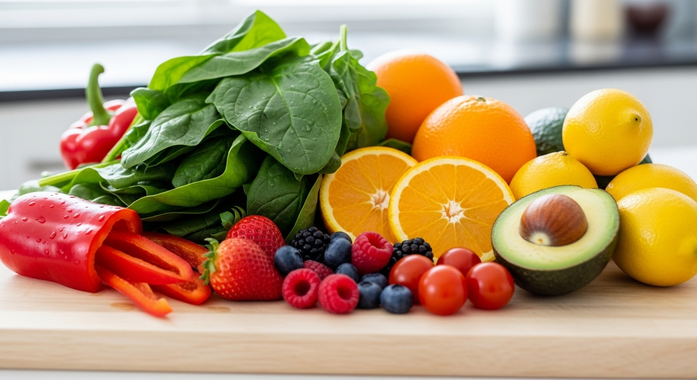 Bộ sưu tập rau củ quả tươi ngon, đầy màu sắc (như cải bó xôi, cam, quả mọng) trên thớt gỗ, giàu vitamin giúp tăng cường sức khỏe và phòng ngừa chảy máu cam.