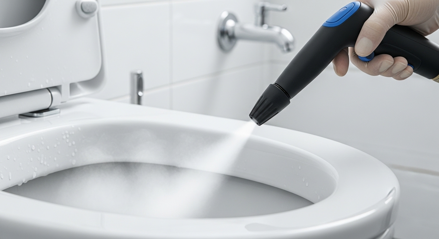 Cận cảnh máy làm sạch hơi nước phun hơi trực tiếp vào lòng bồn cầu để vệ sinh bồn cầu sâu và diệt khuẩn.