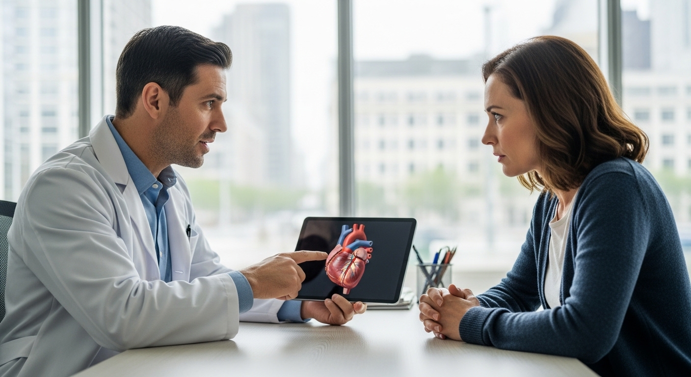 Bác sĩ tư vấn cặn kẽ cho bệnh nhân về phục hồi thận sau Covid-19, chỉ dẫn thông tin trên máy tính bảng trong phòng khám hiện đại.