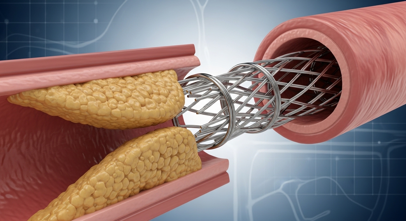 Stent kim loại nong rộng động mạch cảnh bị hẹp do xơ vữa, minh họa điều trị hẹp mạch máu não.
