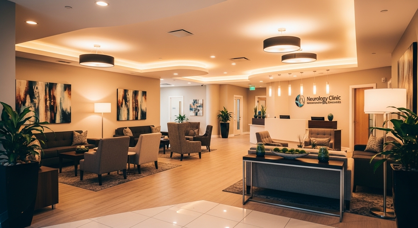 Khu vực tiếp tân hiện đại, chuyên nghiệp của phòng khám thần kinh, với không gian rộng rãi, nội thất thoải mái và ánh sáng ấm áp, tạo cảm giác yên bình cho bệnh nhân tìm đến các liệu pháp như tiêm botox giảm đau đầu mạn tính.