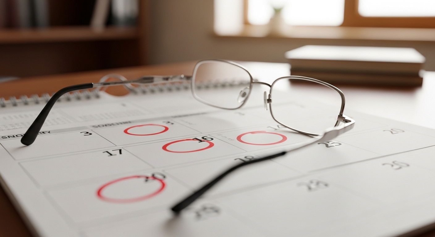 Lịch treo tường với các cuộc hẹn khám bệnh định kỳ được khoanh đỏ và kính đọc sách, nhấn mạnh việc theo dõi sức khỏe phòng ngừa viêm gan B gây ung thư gan.