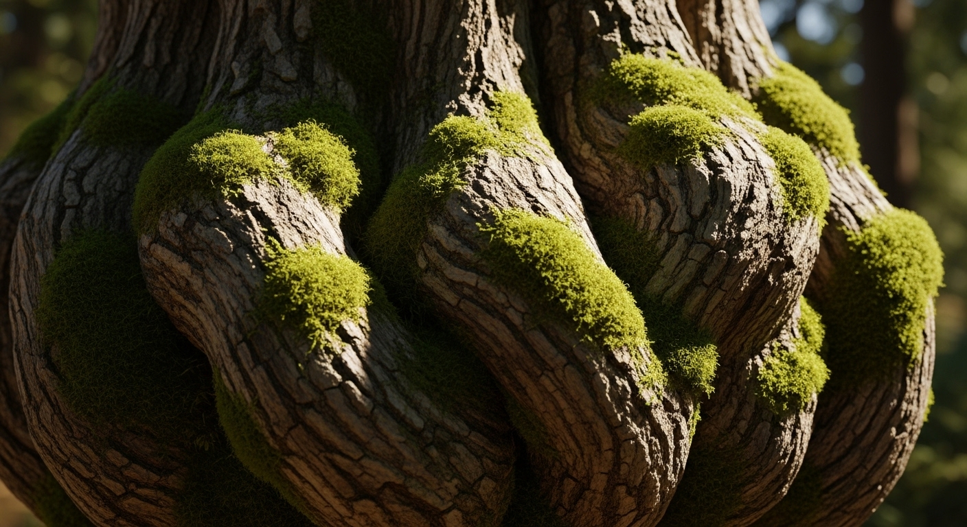 Cận cảnh thân cây cổ thụ gồ ghề, rêu xanh tươi tốt dưới nắng ấm, biểu tượng của sức bền bỉ và sự bảo vệ tự nhiên, gợi nhớ tinh thần kiên cường trong quá trình xạ trị ung thư hạch bạch huyết.