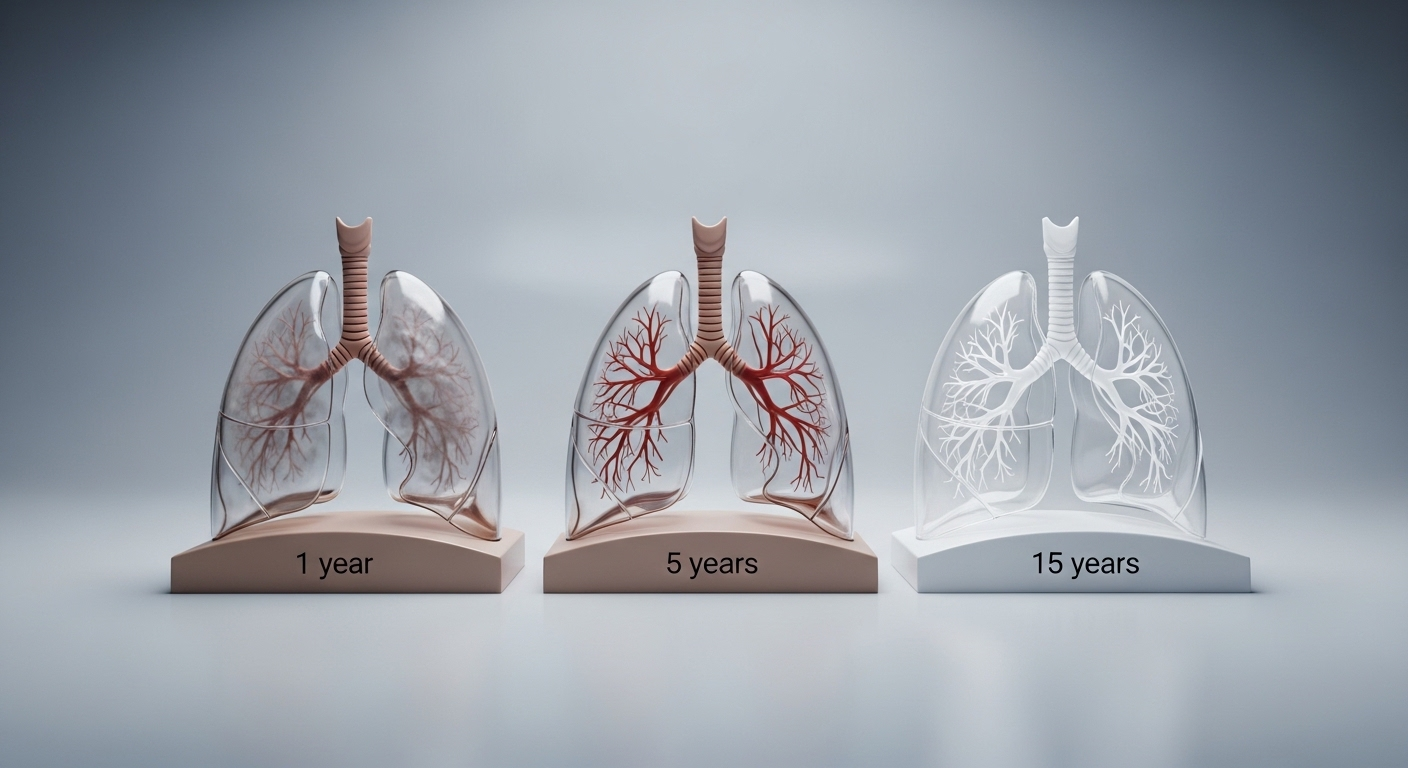 Ba mô hình phổi trong suốt minh họa quá trình cải thiện sức khỏe rõ rệt qua 1, 5, 15 năm, nhấn mạnh lợi ích của việc chăm sóc sức khỏe tổng thể để giảm nguy cơ bệnh tim mạch như nhồi máu cơ tim.