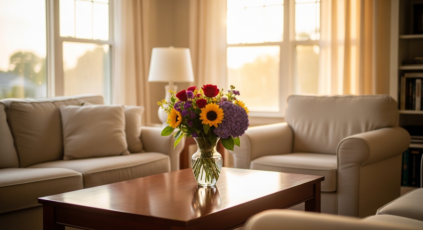 Phòng khách yên bình, ngập nắng với hoa tươi rực rỡ, tạo không gian thư thái lý tưởng cho bệnh nhân u não nghỉ ngơi và phục hồi.