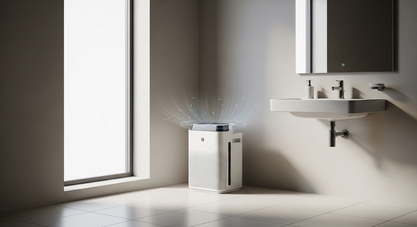 Máy lọc không khí trắng hiện đại đặt trong nhà vệ sinh sạch sẽ, giải pháp tối ưu cho cách xử lý mùi hôi nhà vệ sinh hiệu quả.