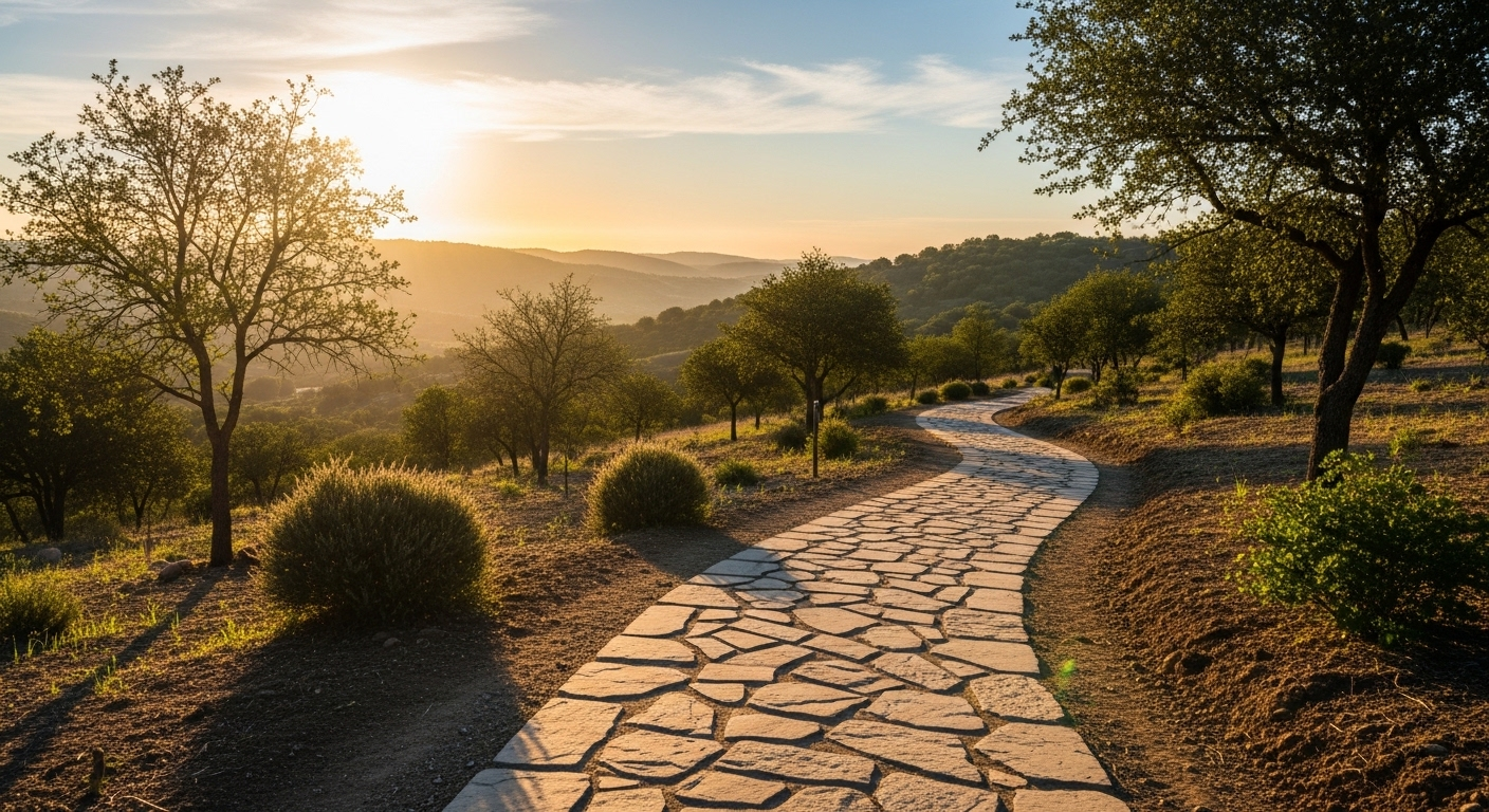 Con đường uốn lượn, rõ ràng giữa khung cảnh ngập nắng tượng trưng cho hành trình dài hạn và nỗ lực bền vững để nhịn ăn tăng cân hiệu quả.
