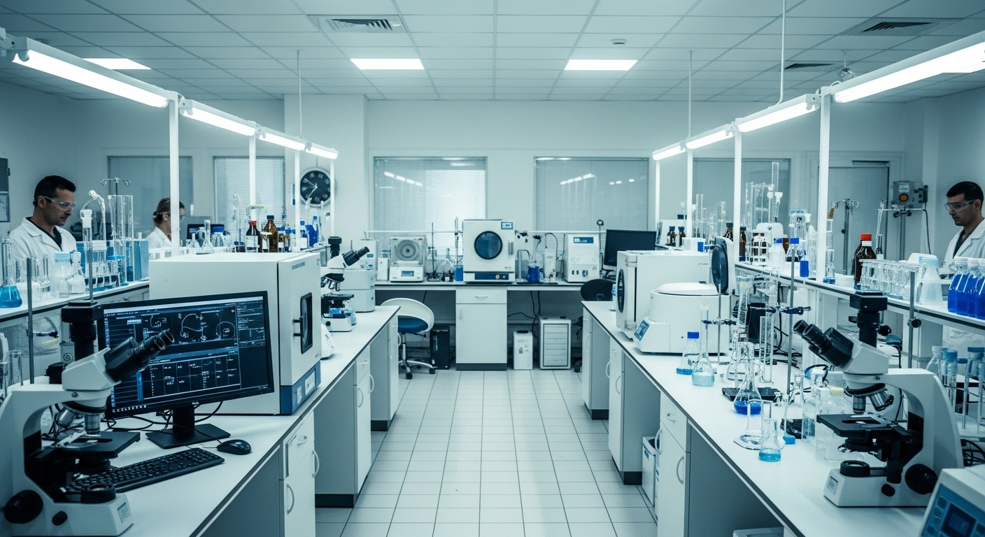 Phòng thí nghiệm y tế vô trùng, sáng sủa với thiết bị khoa học hiện đại như kính hiển vi và máy ly tâm, phục vụ nghiên cứu y học tiên tiến, đặc biệt là các giải pháp như ghép tạng domino.