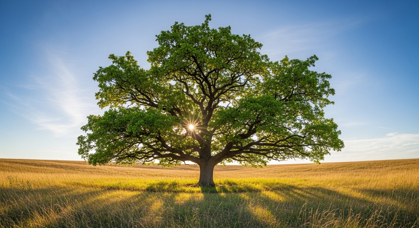 Cây đơn độc mạnh mẽ, lá xanh tươi rực rỡ trên cánh đồng dưới nắng sớm, biểu tượng của sức sống và sự kiên cường. Hình ảnh truyền cảm hứng cho tinh thần bền bỉ, giúp vượt qua mọi thử thách, kể cả trong hành trình chạy thận.