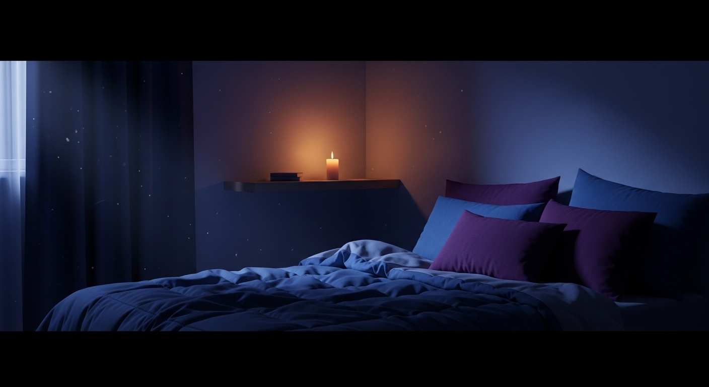 Phòng ngủ tĩnh lặng với tông xanh tím và nến lung linh, tạo không gian lý tưởng để thư giãn và áp dụng 7 thói quen cần tránh sau 19h để bảo vệ trái tim.