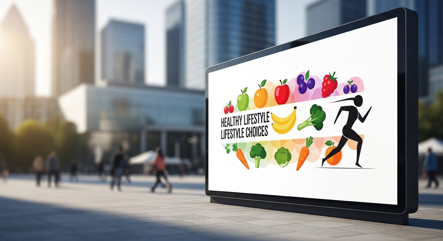 Màn hình kỹ thuật số hiện đại tại quảng trường đô thị quảng bá thử thách giảm cân với các biểu tượng trái cây, rau củ và hình người đang chạy năng động.