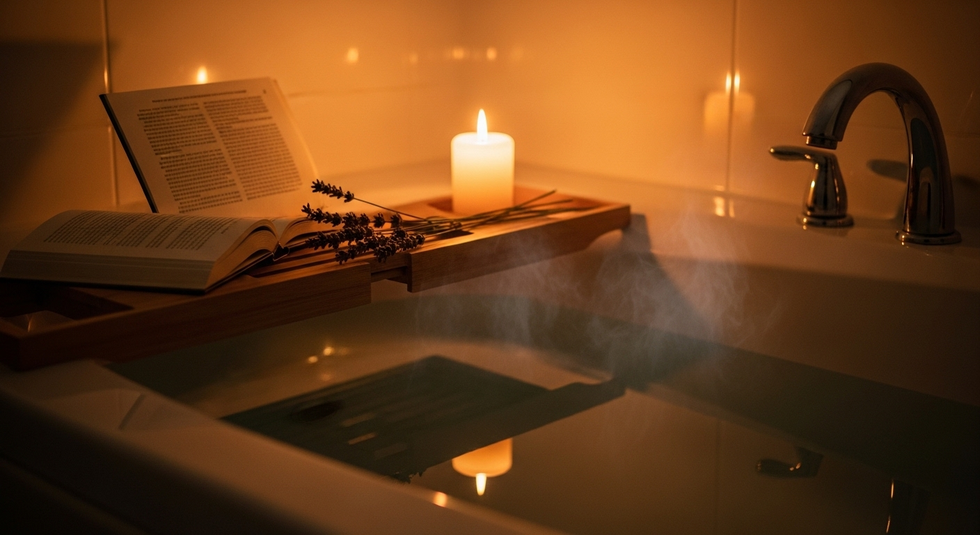 Bồn tắm nước ấm với ánh nến, sách và hoa oải hương, tạo không gian thư thái. Một thói quen tuyệt vời giúp tâm trí minh mẫn khi về già.