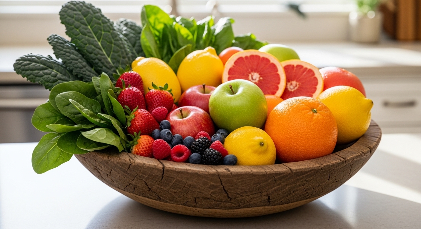 Bát gỗ mộc đầy ắp rau xanh, trái cây mọng, táo giòn và trái cây có múi tươi ngon, đầy màu sắc.