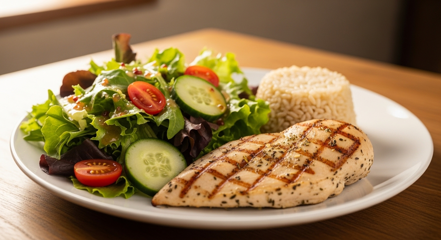 Một bữa ăn cân đối với gà nướng, salad rau xanh và cơm gạo lứt, minh họa lý tưởng cho cách ăn để giảm mỡ máu.