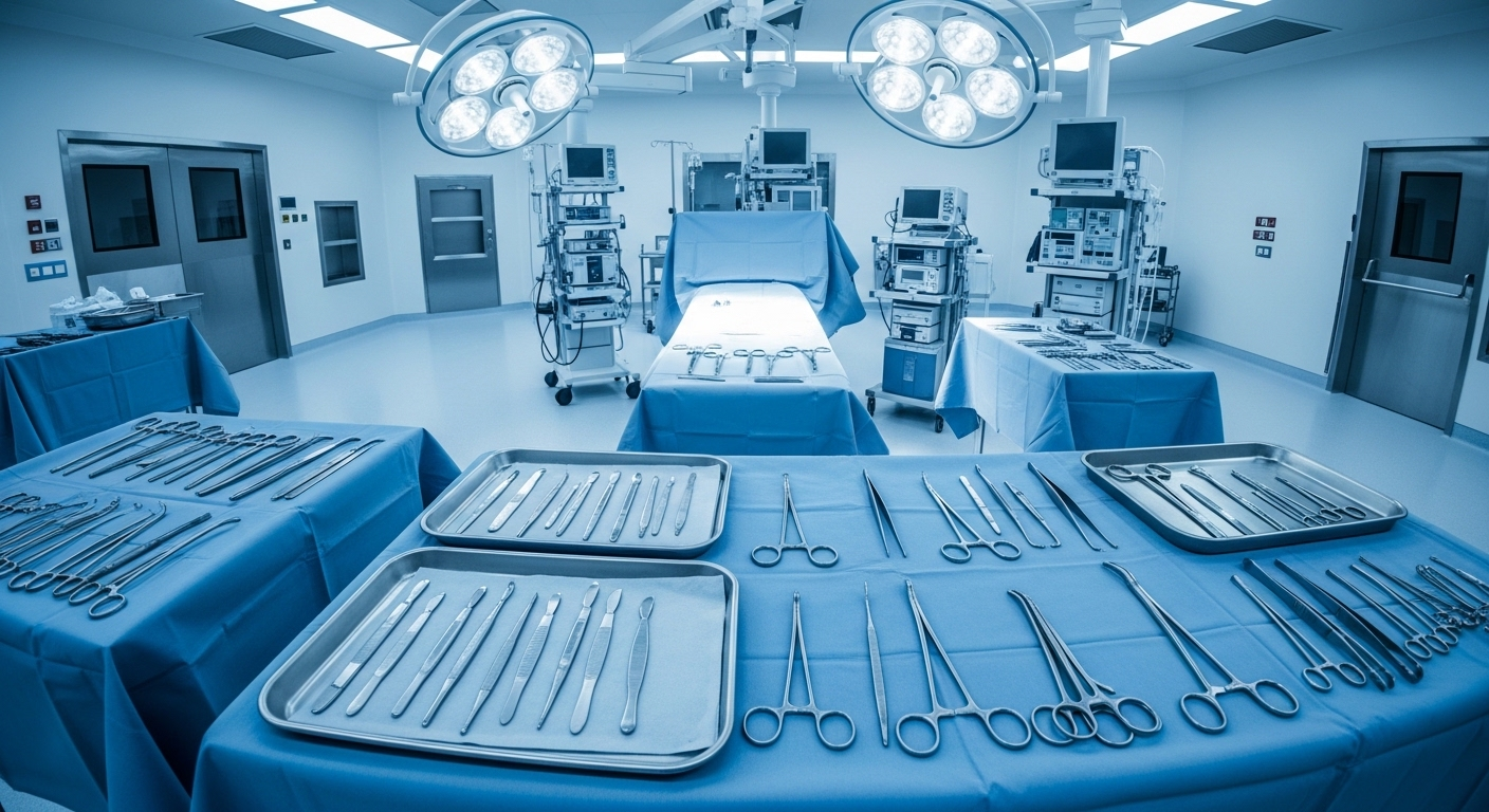 Phòng mổ vô trùng, dụng cụ y tế sắp xếp gọn gàng, sẵn sàng cho các ca phẫu thuật phức tạp, bao gồm xử lý túi ngực vỡ.
