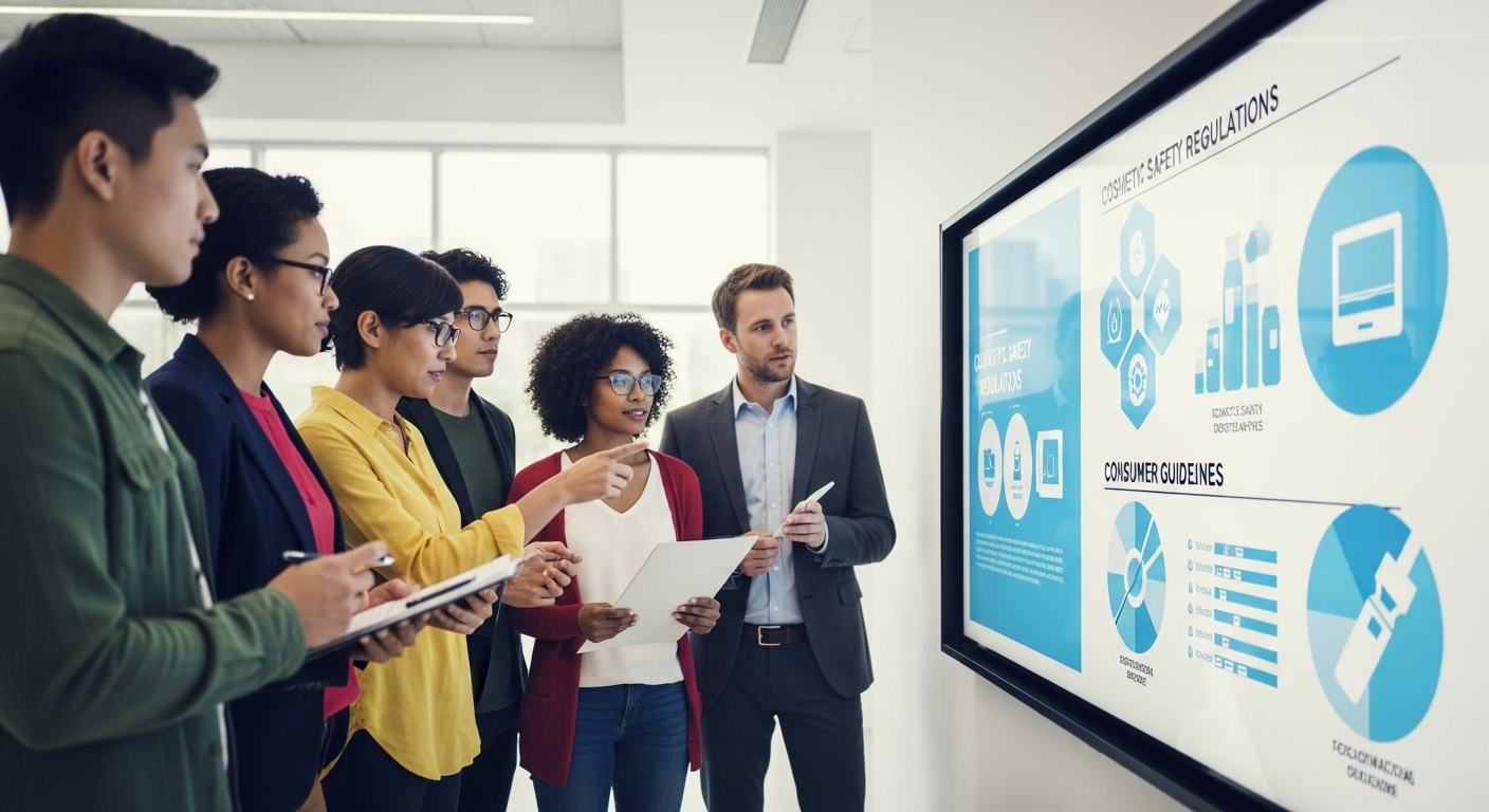 Nhóm người tập trung xem màn hình lớn hiển thị thông tin về quy định an toàn mỹ phẩm và hướng dẫn tiêu dùng, như quy trình thu hồi nước rửa tay, tại trung tâm thông tin hiện đại.