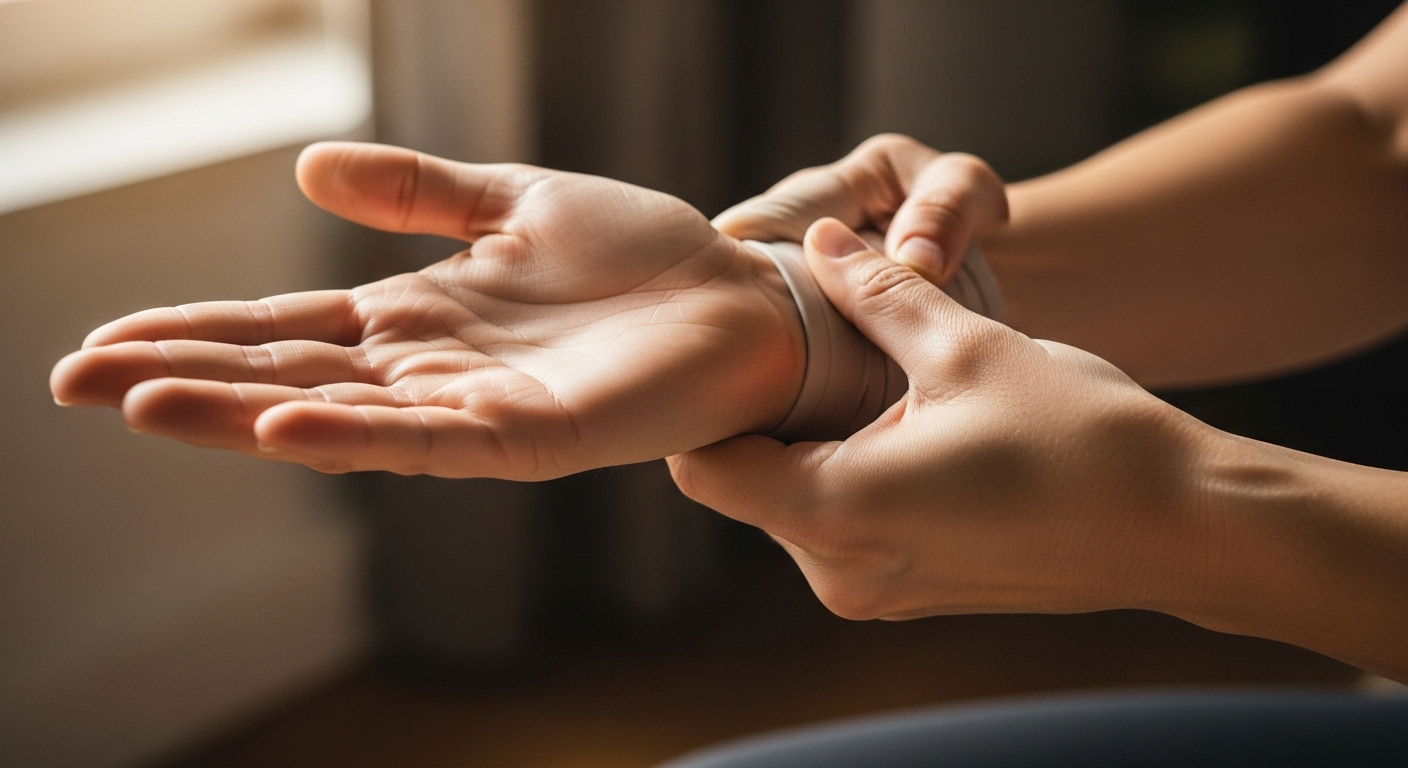 Ảnh cận cảnh động tác kéo giãn cổ tay, giúp giảm mỏi và hỗ trợ cho người bị hội chứng ống cổ tay.