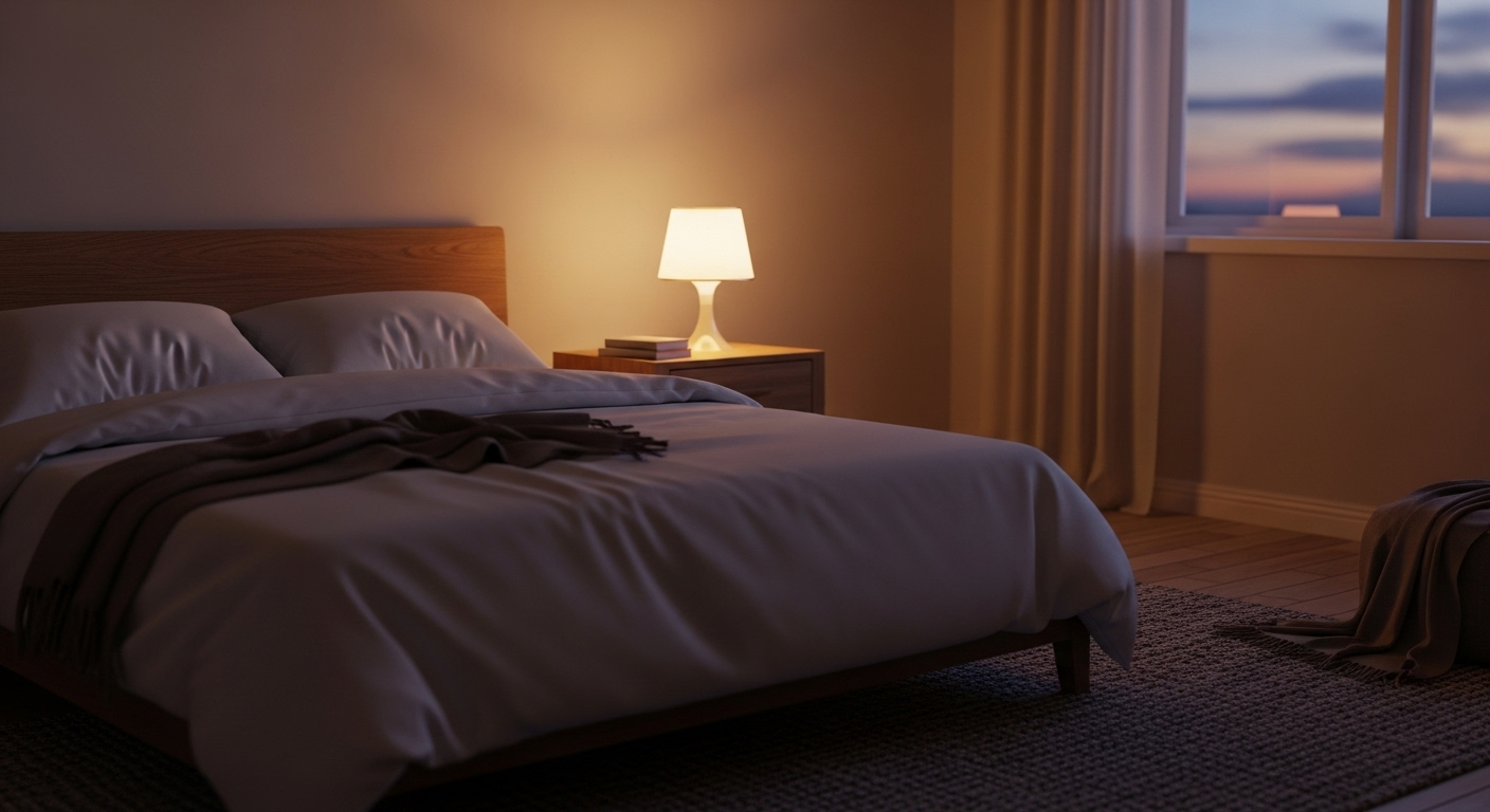 Phòng ngủ ấm cúng, giường êm ái với ánh sáng dịu nhẹ, tạo môi trường lý tưởng cho giấc ngủ sâu, hỗ trợ cải thiện tình trạng ngưng thở khi ngủ.