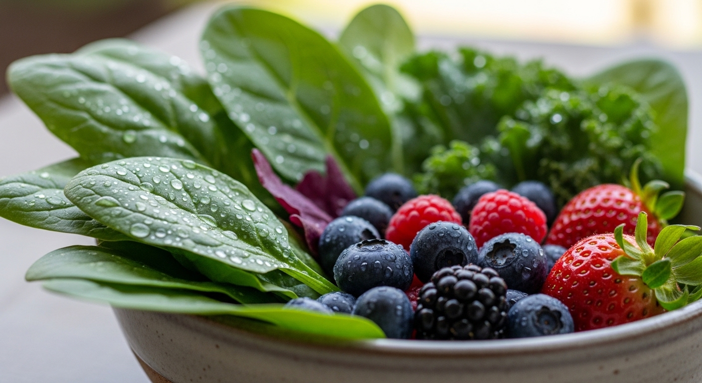 Cận cảnh rau xanh tươi tốt và quả mọng mọng nước trong bát gốm, biểu tượng cho chế độ ăn uống lành mạnh và giàu dinh dưỡng. Hình ảnh gợi nhắc tầm quan trọng của thực phẩm tự nhiên, cũng như việc tìm hiểu sữa bột dành cho người tiểu đường loại nào tốt để bổ sung dinh dưỡng và duy trì sức khỏe.